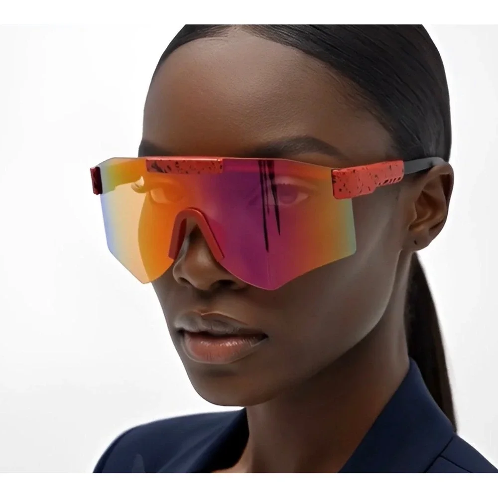 Shield Sunglasses Mirrored Lens Visor Sporty Futuristic Sunnies Red Frame Lentes